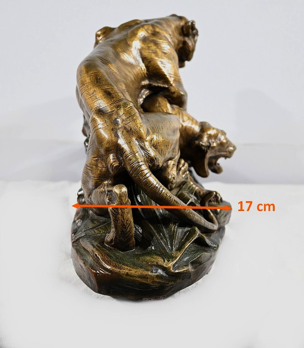 Gruppo in bronzo "Combat de Tigres", firmato E. Drouot - Fine XIX secolo