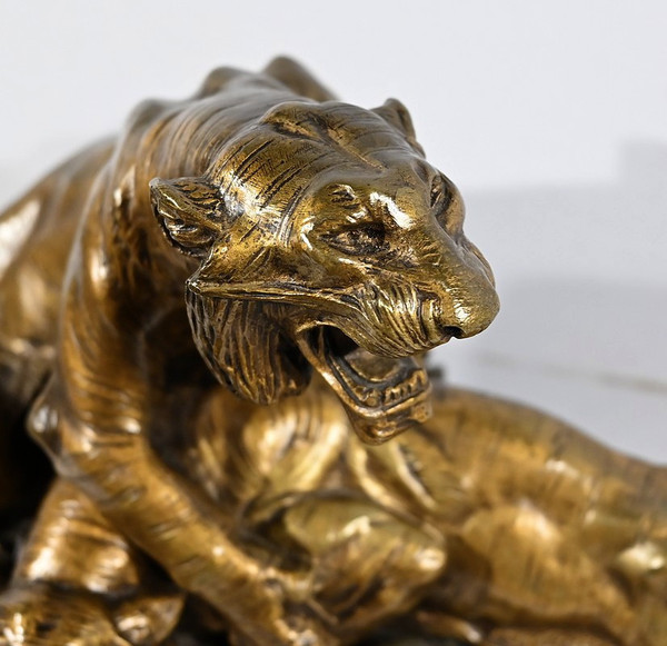 Gruppo in bronzo "Combat de Tigres", firmato E. Drouot - Fine XIX secolo