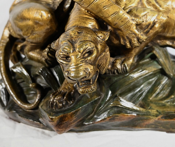 Gruppo in bronzo "Combat de Tigres", firmato E. Drouot - Fine XIX secolo