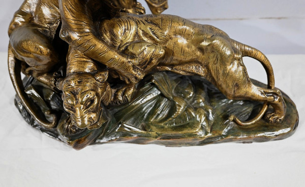 Gruppo in bronzo "Combat de Tigres", firmato E. Drouot - Fine XIX secolo