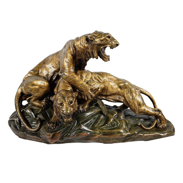 Gruppo in bronzo "Combat de Tigres", firmato E. Drouot - Fine XIX secolo