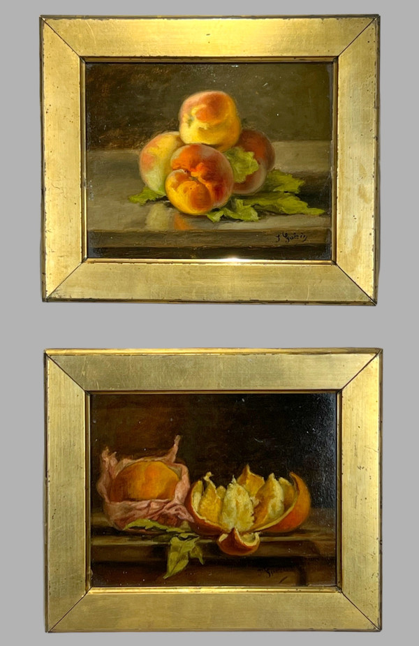 PAAR BILDER /HUILLES AUF KARTON /SIGNIERT J.GUERIN "STILLLEBEN MIT OBST