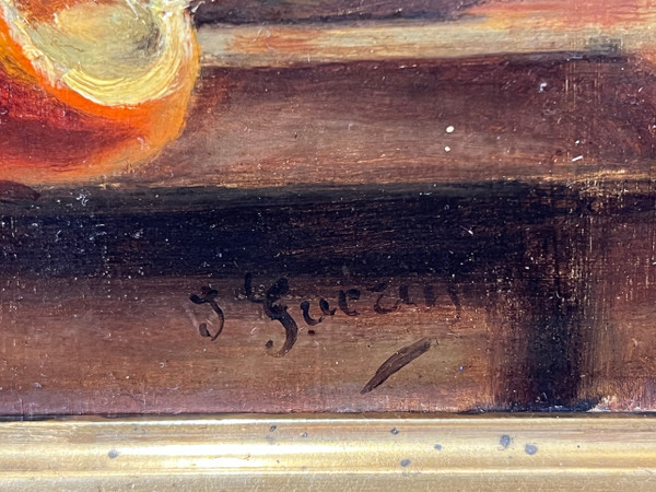 PAAR BILDER /HUILLES AUF KARTON /SIGNIERT J.GUERIN "STILLLEBEN MIT OBST