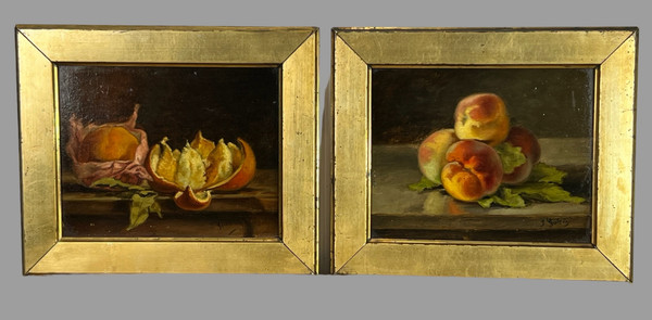 PAAR BILDER /HUILLES AUF KARTON /SIGNIERT J.GUERIN "STILLLEBEN MIT OBST