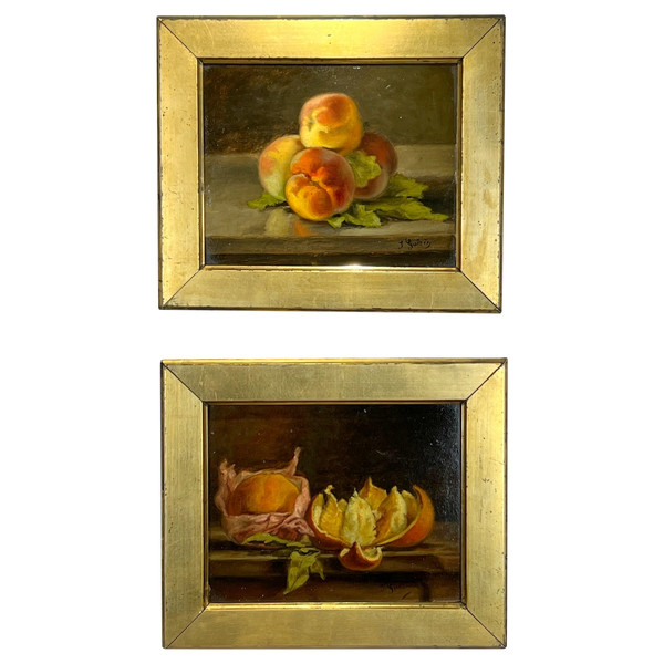 PAAR BILDER /HUILLES AUF KARTON /SIGNIERT J.GUERIN "STILLLEBEN MIT OBST