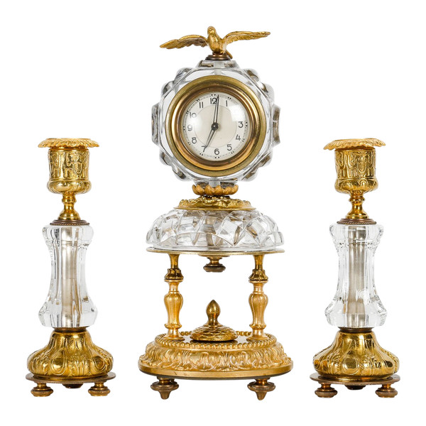 A Baccarat ormolu and crystal mantel set, late 19th century