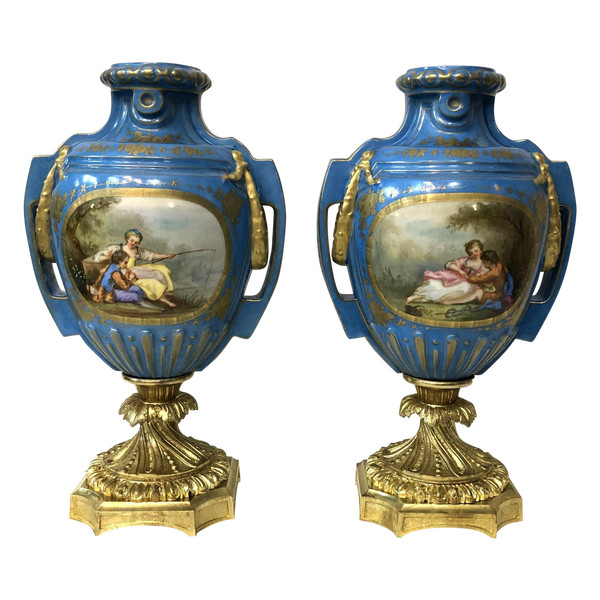 Beautiful pair of signed Sèvres porcelain vases mounted on bronze, 19th century