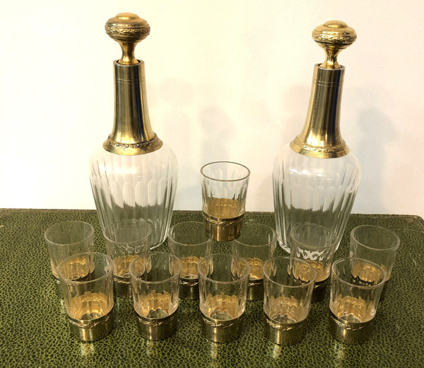 PAUL FOUCARD crystal and vermeil liqueur service / solid silver MINERVE 2 decanters + 12 glasses