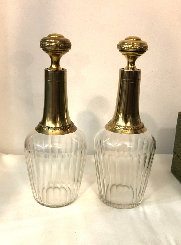 PAUL FOUCARD crystal and vermeil liqueur service / solid silver MINERVE 2 decanters + 12 glasses