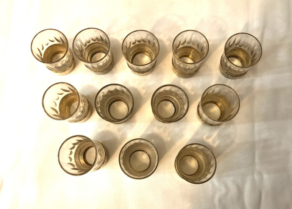 PAUL FOUCARD crystal and vermeil liqueur service / solid silver MINERVE 2 decanters + 12 glasses