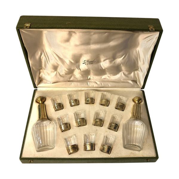 PAUL FOUCARD crystal and vermeil liqueur service / solid silver MINERVE 2 decanters + 12 glasses