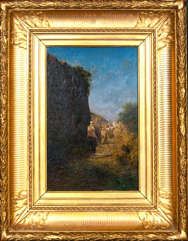 Riders and Bedouins walking on a path near a cliff, Oil on panel by Honoré BOZE (