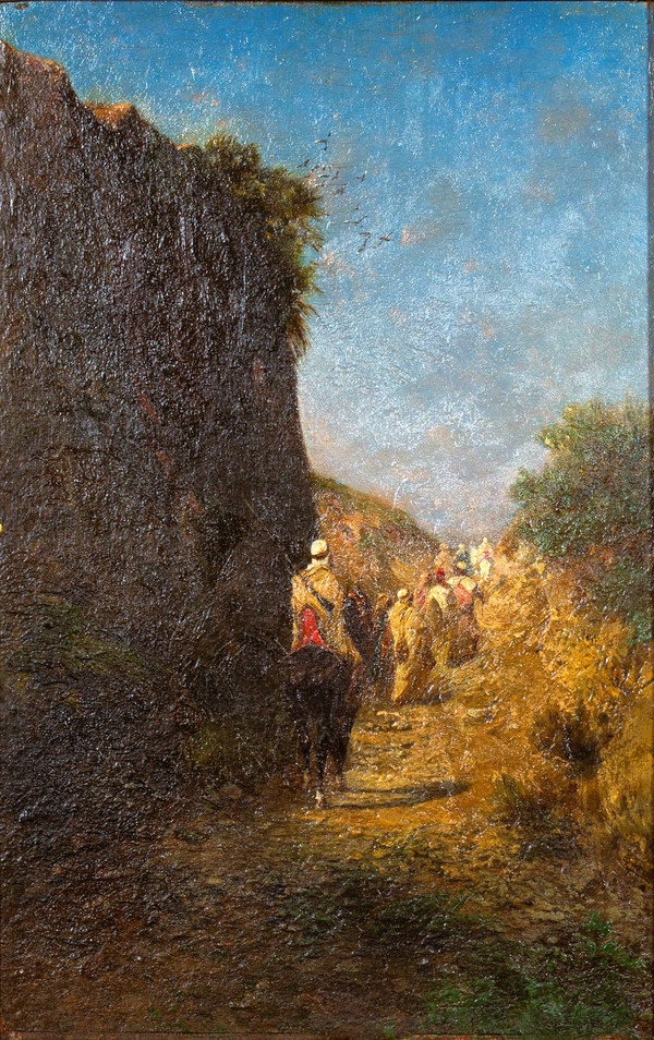 Riders and Bedouins walking on a path near a cliff, Oil on panel by Honoré BOZE (