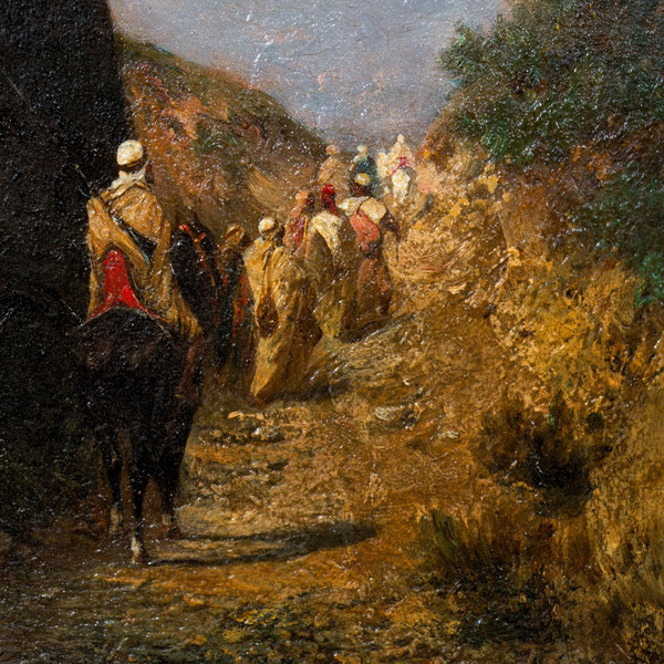 Riders and Bedouins walking on a path near a cliff, Oil on panel by Honoré BOZE (