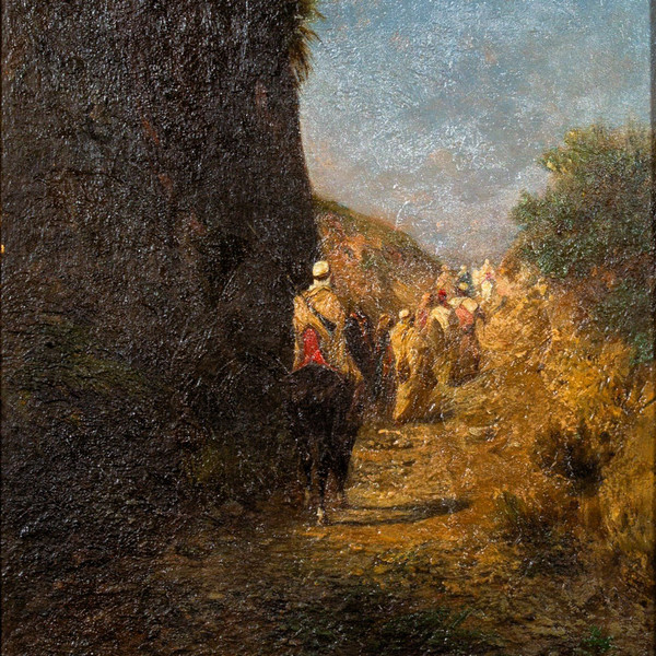 Riders and Bedouins walking on a path near a cliff, Oil on panel by Honoré BOZE (