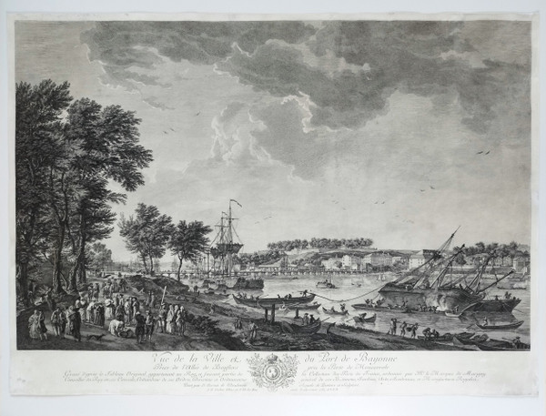 Seascape Engraving View Of The Port Of Bayonne By Cochin  After Vernet 18th C Etching Old Print