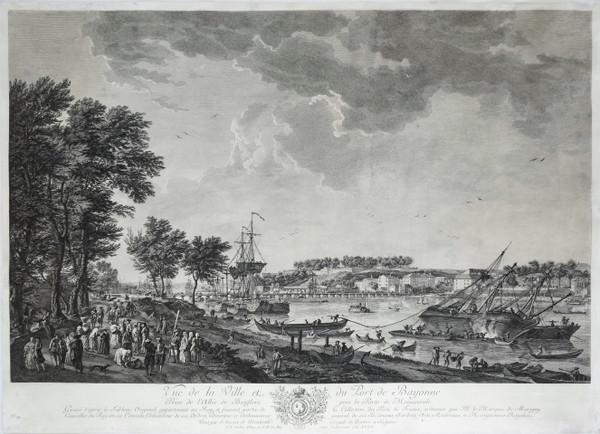 Seascape Engraving View Of The Port Of Bayonne By Cochin  After Vernet 18th C Etching Old Print