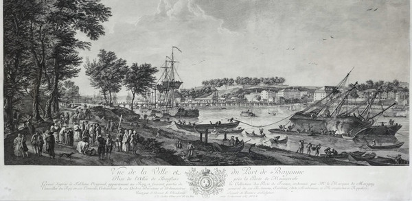 Seascape Engraving View Of The Port Of Bayonne By Cochin  After Vernet 18th C Etching Old Print