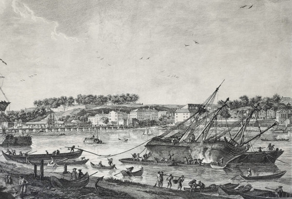 Seascape Engraving View Of The Port Of Bayonne By Cochin  After Vernet 18th C Etching Old Print