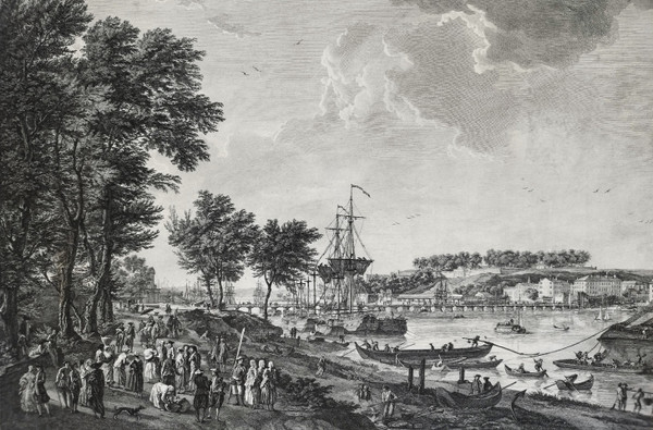 Seascape Engraving View Of The Port Of Bayonne By Cochin  After Vernet 18th C Etching Old Print