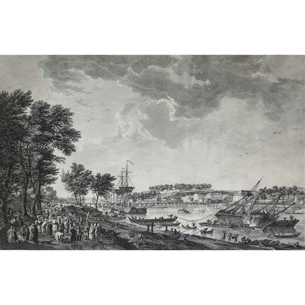 Seascape Engraving View Of The Port Of Bayonne By Cochin  After Vernet 18th C Etching Old Print