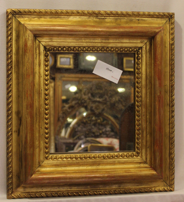 Miroir Ancien Doré Et Perlé, Format Carré, Glace Mercure 43 X47 Cm