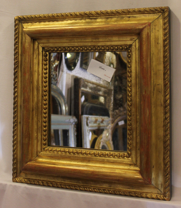 Miroir Ancien Doré Et Perlé, Format Carré, Glace Mercure 43 X47 Cm