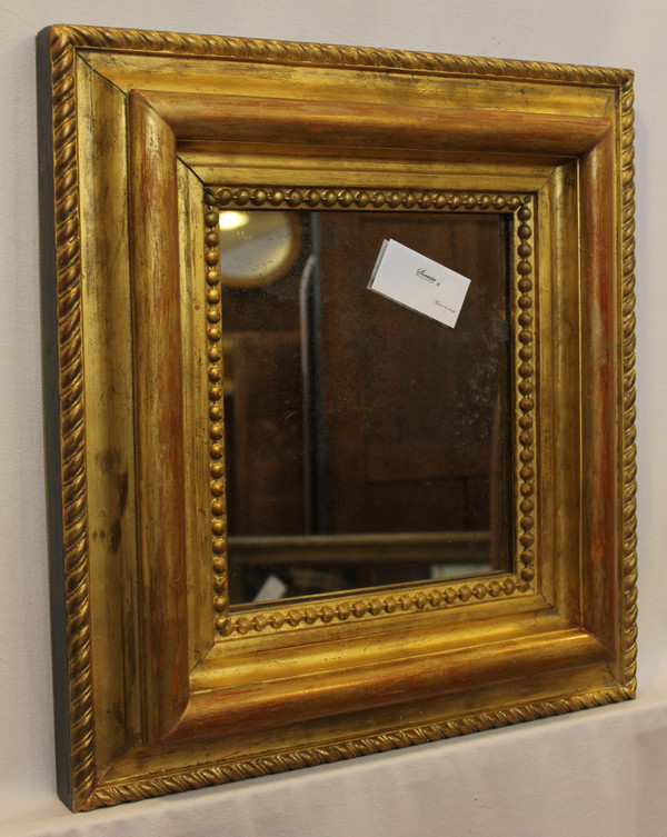 Miroir Ancien Doré Et Perlé, Format Carré, Glace Mercure 43 X47 Cm