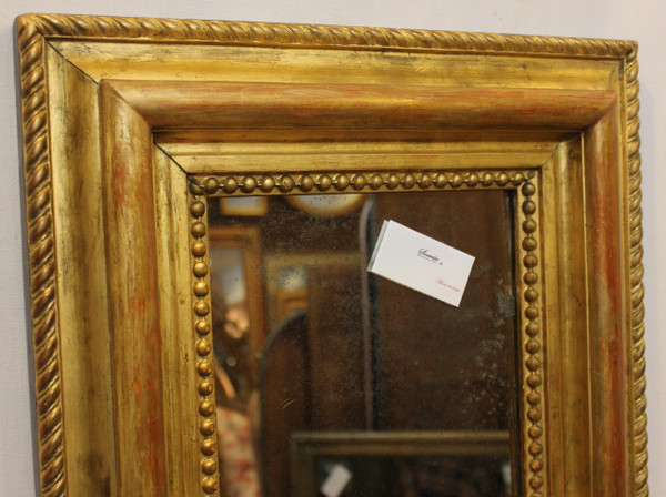 Miroir Ancien Doré Et Perlé, Format Carré, Glace Mercure 43 X47 Cm