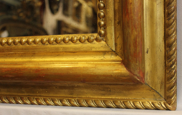Miroir Ancien Doré Et Perlé, Format Carré, Glace Mercure 43 X47 Cm