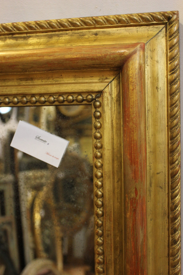 Miroir Ancien Doré Et Perlé, Format Carré, Glace Mercure 43 X47 Cm