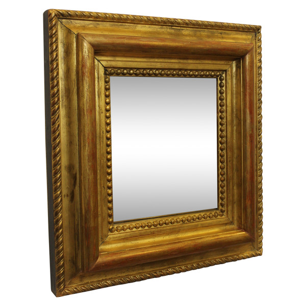 Miroir Ancien Doré Et Perlé, Format Carré, Glace Mercure 43 X47 Cm