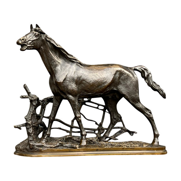 PIERRE JULES MÊNE SCULPTURE BRONZE " CHEVAL A LA BARRIERE DJINN ÉTALON BARBE 