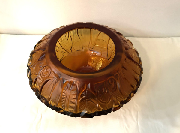 Superb ART DECO amber crystal vase signed PORTIEUX feather design 29 cm