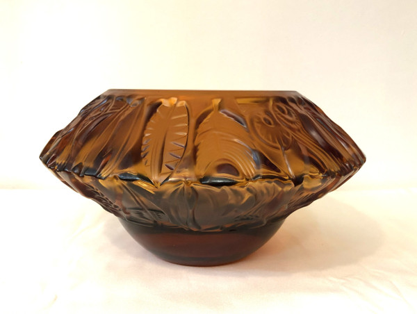Superb ART DECO amber crystal vase signed PORTIEUX feather design 29 cm