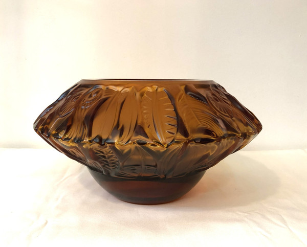 Superb ART DECO amber crystal vase signed PORTIEUX feather design 29 cm