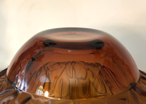 Superb ART DECO amber crystal vase signed PORTIEUX feather design 29 cm