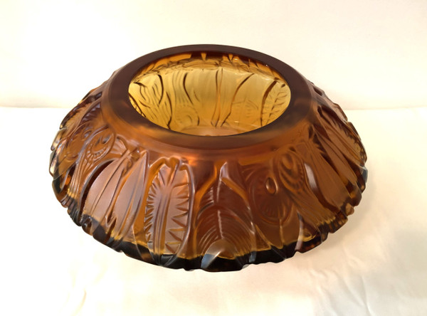 Superb ART DECO amber crystal vase signed PORTIEUX feather design 29 cm