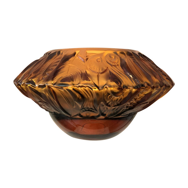 Superb ART DECO amber crystal vase signed PORTIEUX feather design 29 cm