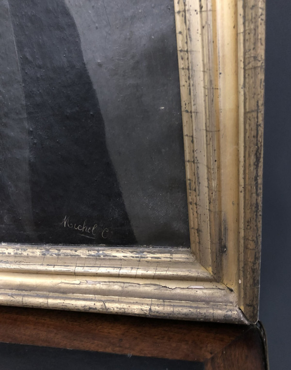 Ancien portrait de notable encadré signé MICHEL C. cadre doré à la feuille d'or Huile sur toile XIX