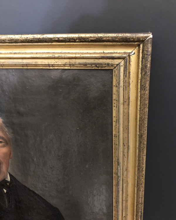 Ancien portrait de notable encadré signé MICHEL C. cadre doré à la feuille d'or Huile sur toile XIX