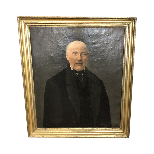 Ancien portrait de notable encadré signé MICHEL C. cadre doré à la feuille d'or Huile sur toile XIX