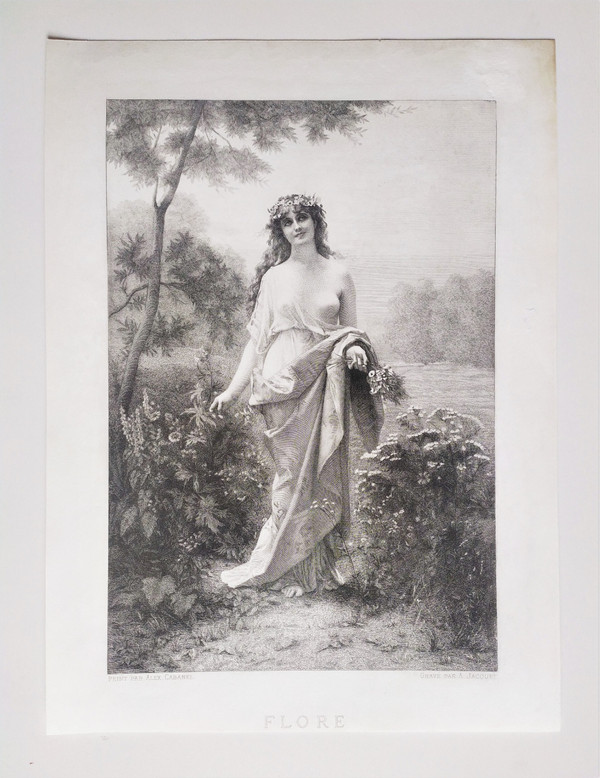 Etching Flora Mythological Engraving  Nymph After Alexandre Cabanel 19th C Old Print