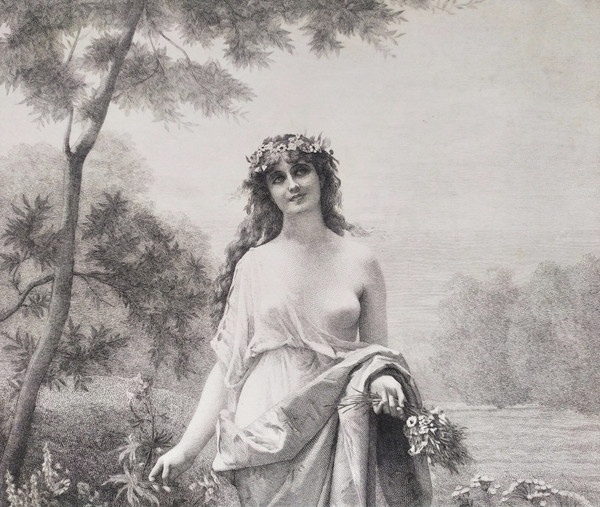 Etching Flora Mythological Engraving  Nymph After Alexandre Cabanel 19th C Old Print