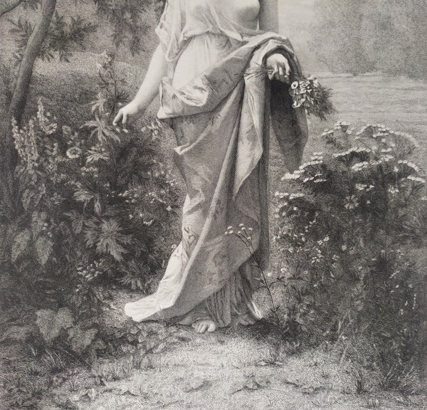 Etching Flora Mythological Engraving  Nymph After Alexandre Cabanel 19th C Old Print