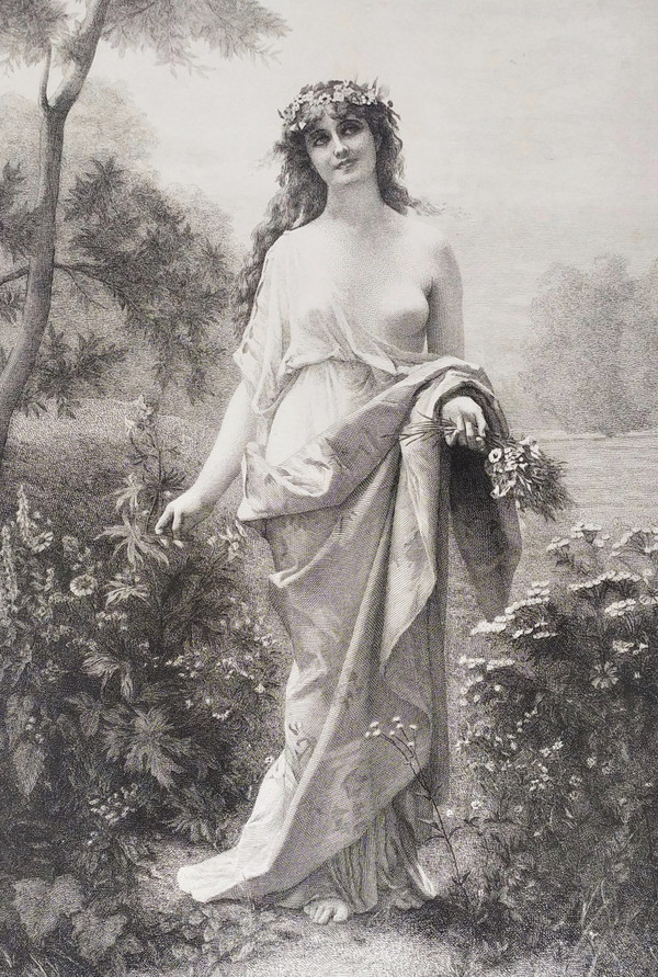 Etching Flora Mythological Engraving  Nymph After Alexandre Cabanel 19th C Old Print