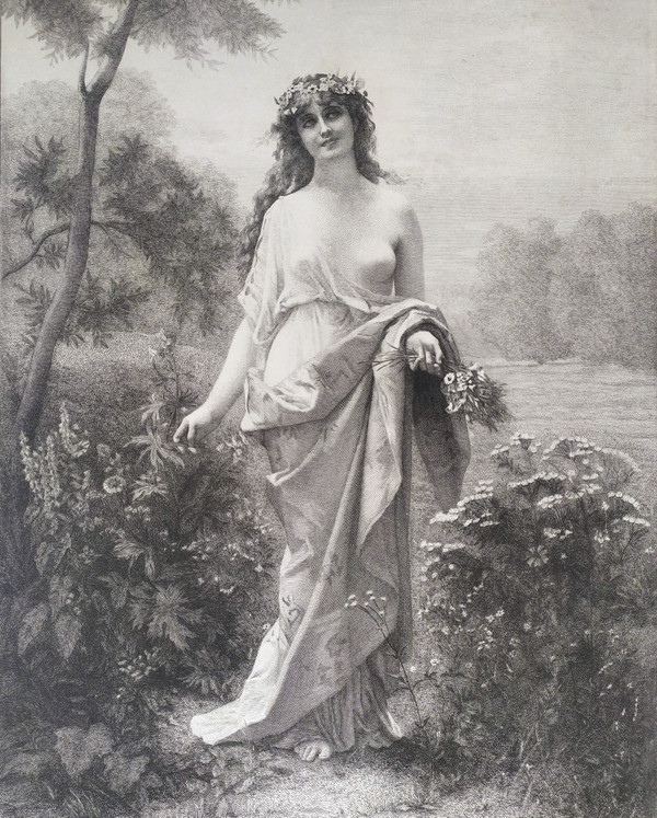 Etching Flora Mythological Engraving  Nymph After Alexandre Cabanel 19th C Old Print
