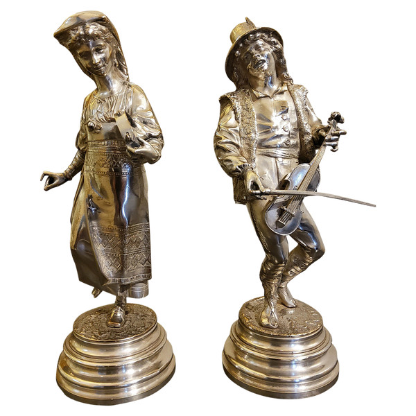 Pair of Silvered Bronze Sculptures of Abruzzo Characters_ Lalouette 19th Century Sculptor