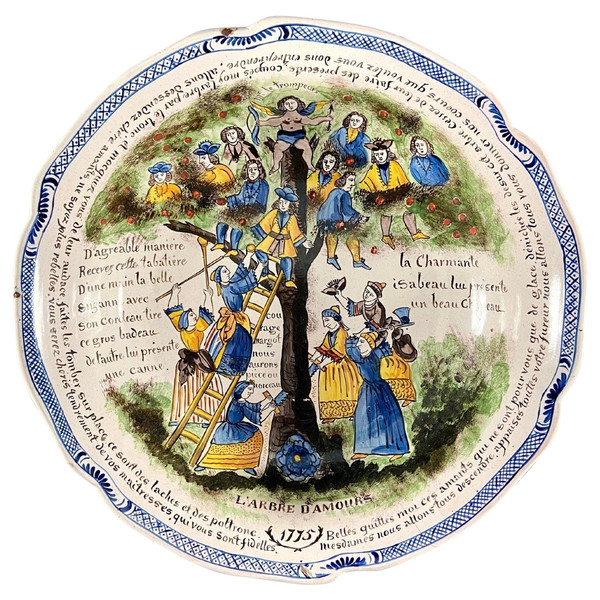 France, Auxerrois, Fin Du XIXème Siècle, Saladier En Faïence Polychrome Dit "à l'Arbre d'Amour.