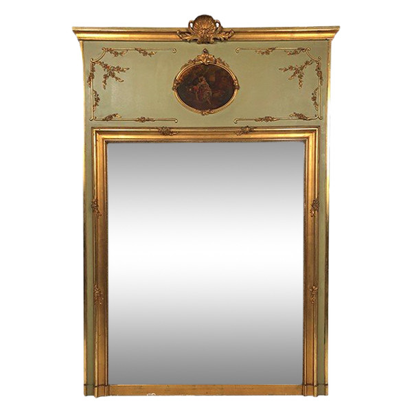 Large Louis XVI style trumeau, green lacquered wood, early 20th century gilding